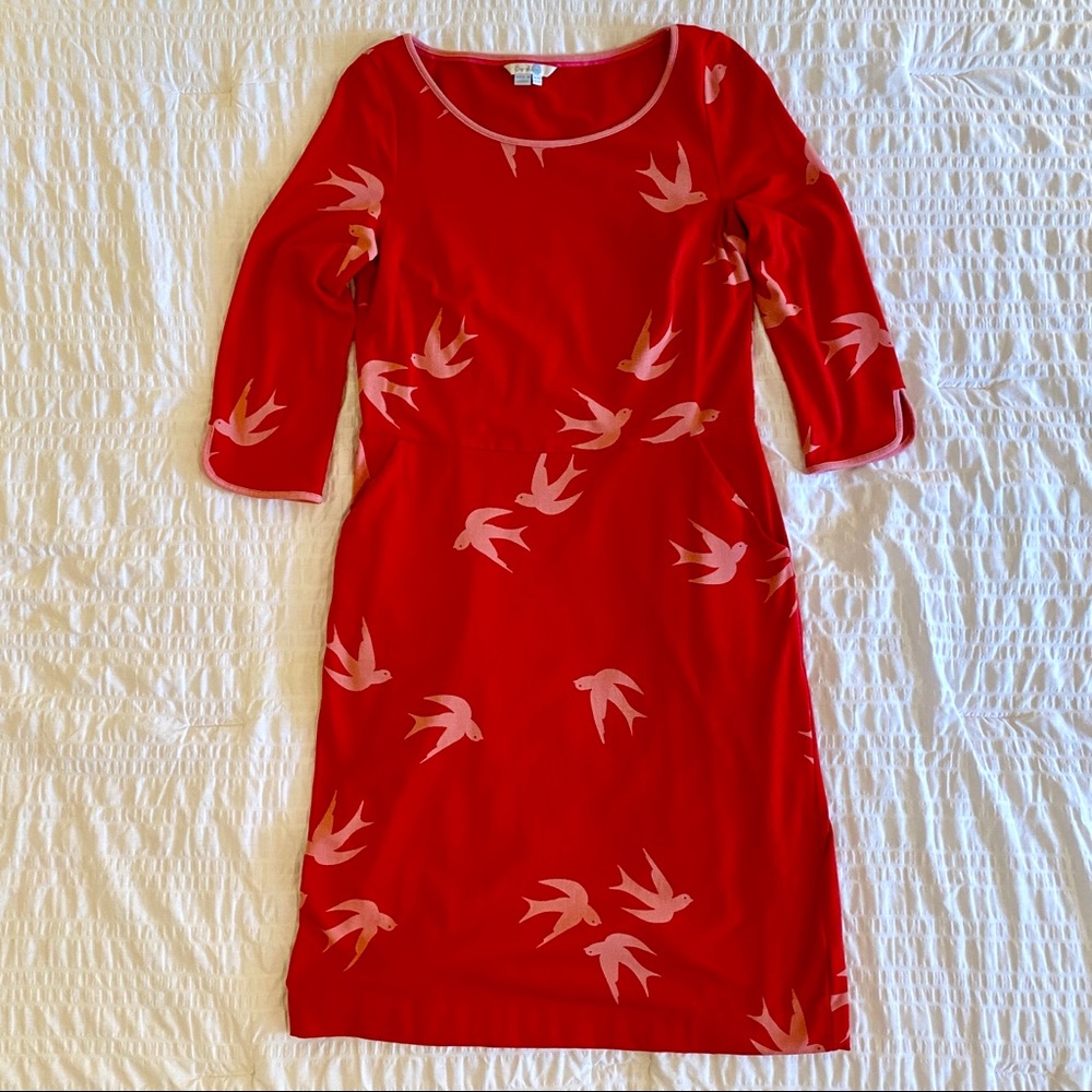 Red Boden 3/4 Sleeve Dress with Pink Birds and Trim - size 6